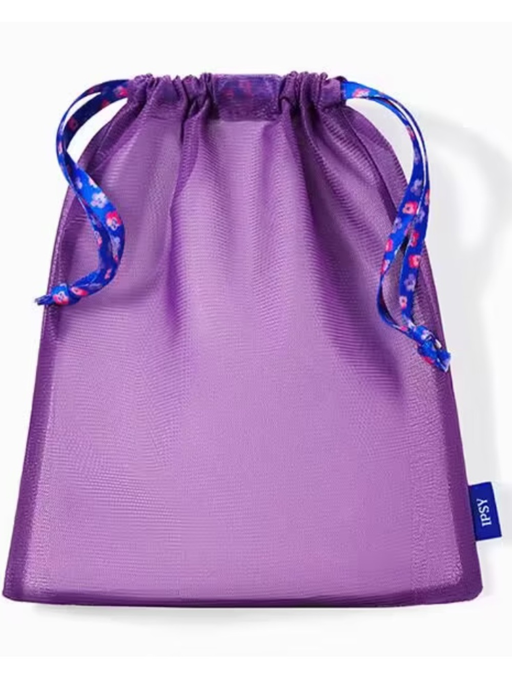 ipsy Purple Mesh Drawstring Cosmetic Pouch with Floral Ribbon